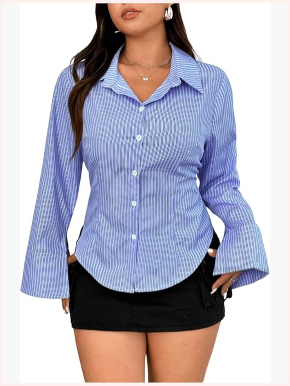 Plus Size Striped Blouse Bell Sleeve Button Down Shirt Collared Business Top